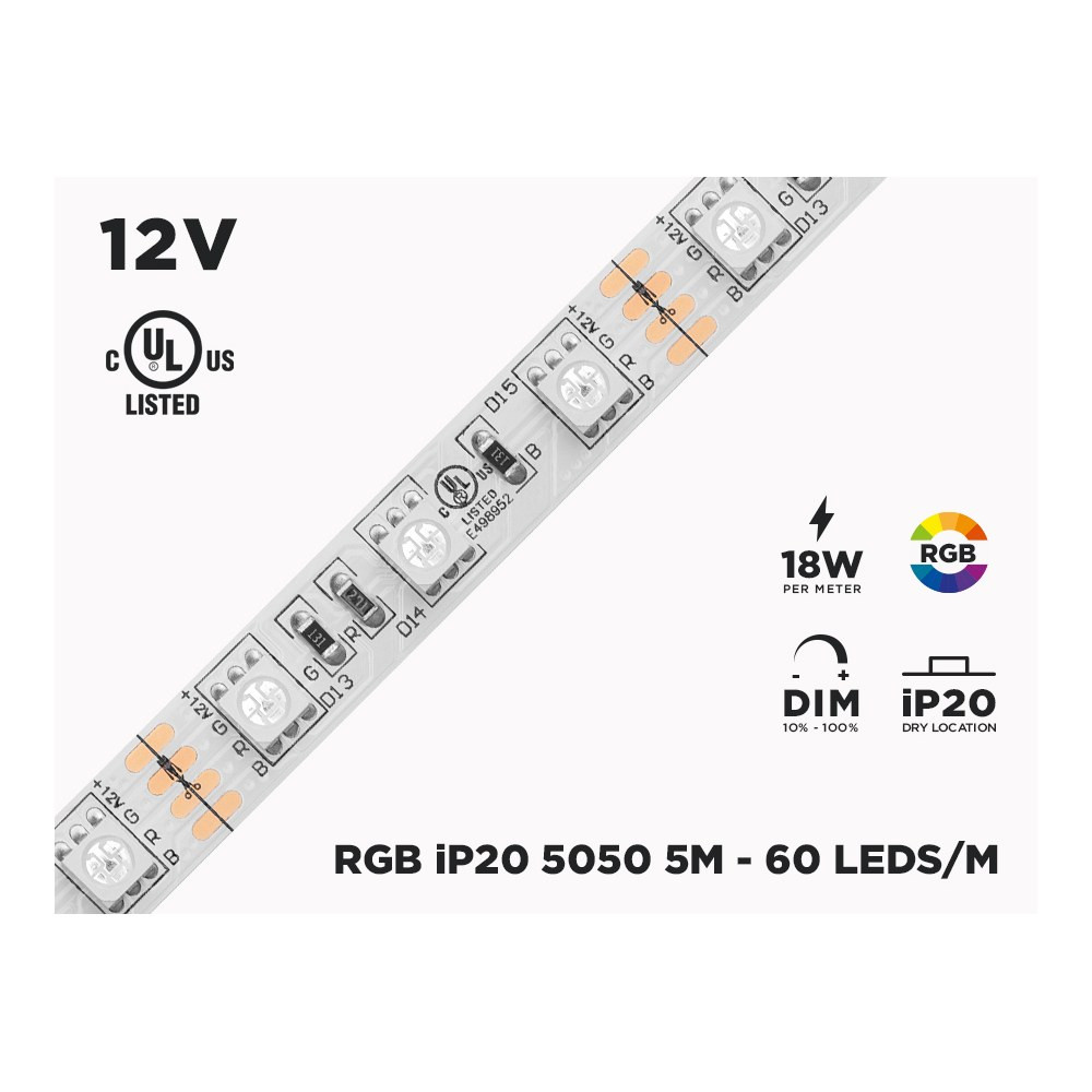 12V 5M IP20 RGB 5050 HIGH OUTPUT LED STRIP - 60 LEDS/M (STRIP ONLY)