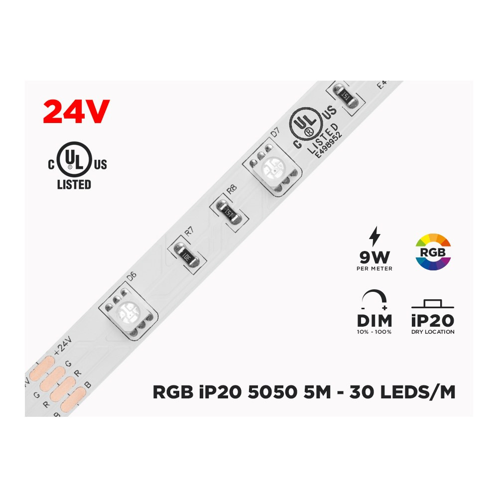 24V 5M IP20 RGB 5050 HIGH OUTPUT LED STRIP - 30 LEDS/M (STRIP ONLY)