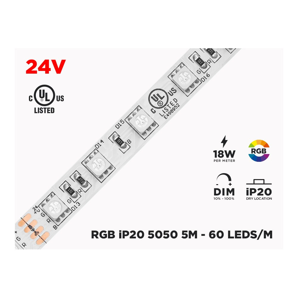 24V 5M IP20 RGB 5050 HIGH OUTPUT LED STRIP - 60 LEDS/M (STRIP ONLY)