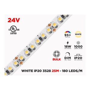 24V 25M IP20 3528 WHITE LED STRIP - 180 LEDS/M (STRIP ONLY)