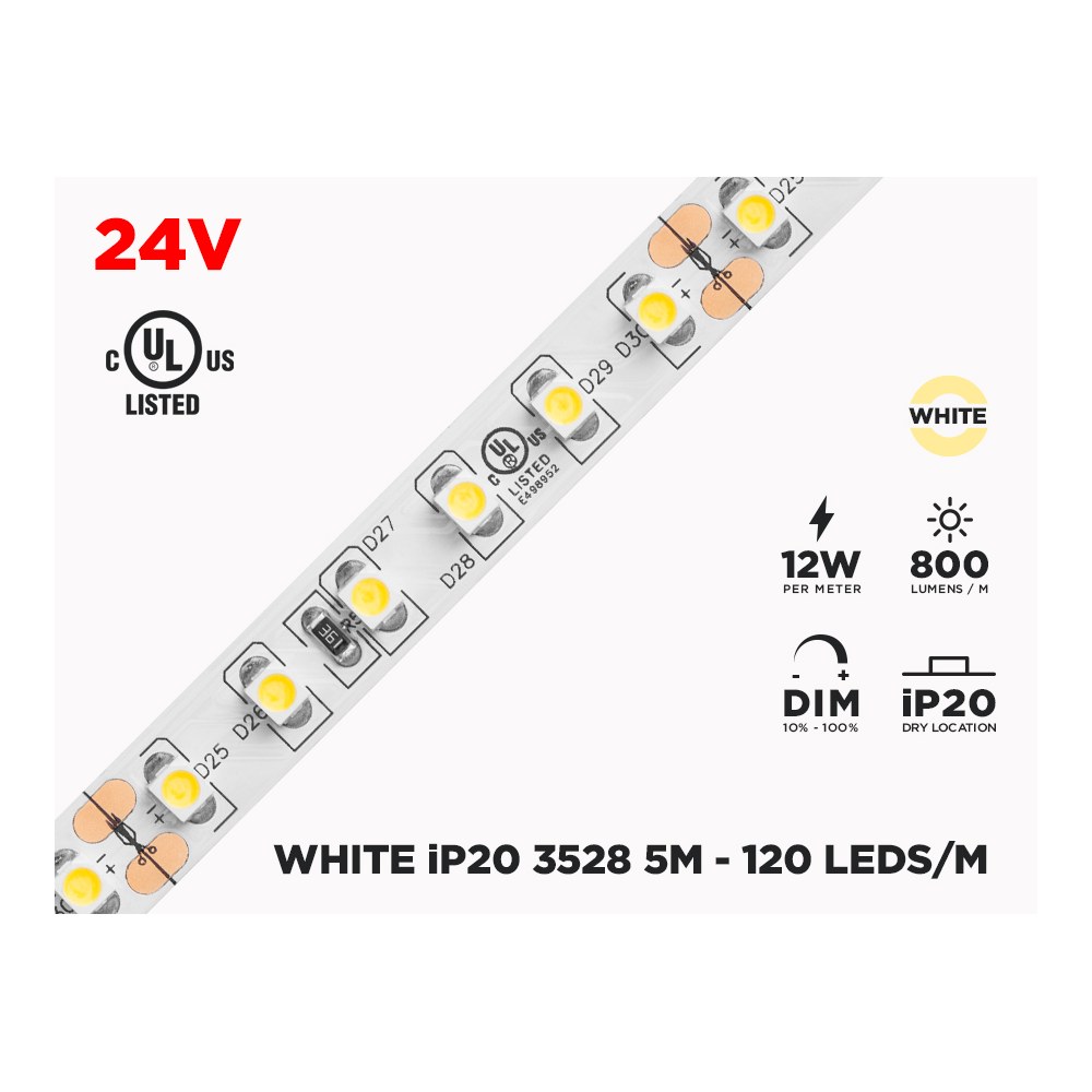 24V 5M IP20 3528 WHITE LED STRIP - 120 LEDS/M (STRIP ONLY)