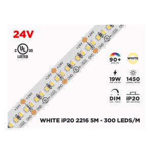 24V 5M IP20 2216 SINGLE COLOR LED STRIP - 300 LEDS/M (STRIP ONLY)