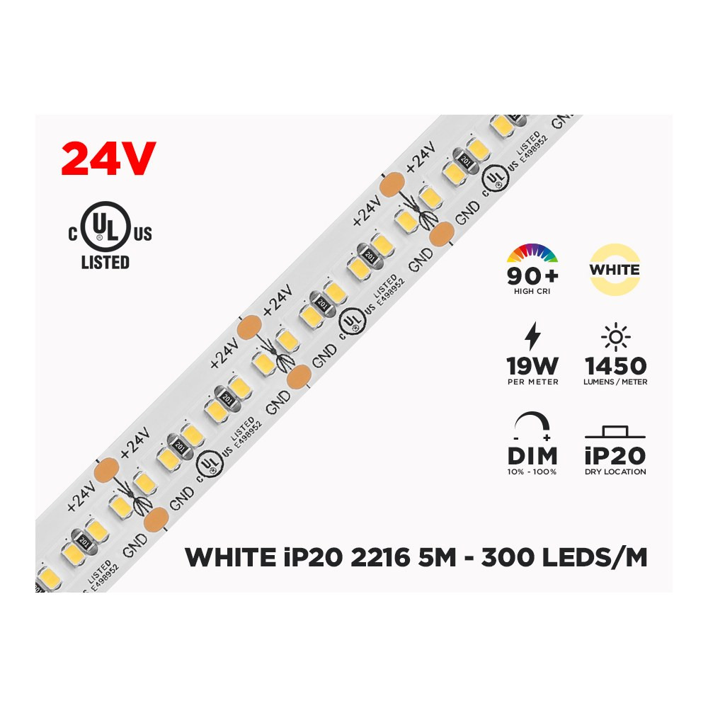 24V 5M IP20 2216 SINGLE COLOR LED STRIP - 300 LEDS/M (STRIP ONLY)
