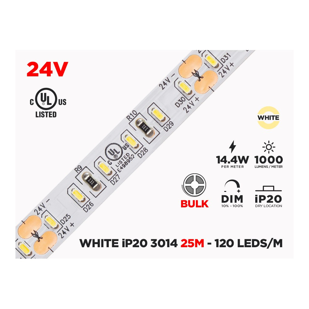 24V 25M IP20 3014 WHITE LED STRIP - 120 LEDS/M (STRIP ONLY)
