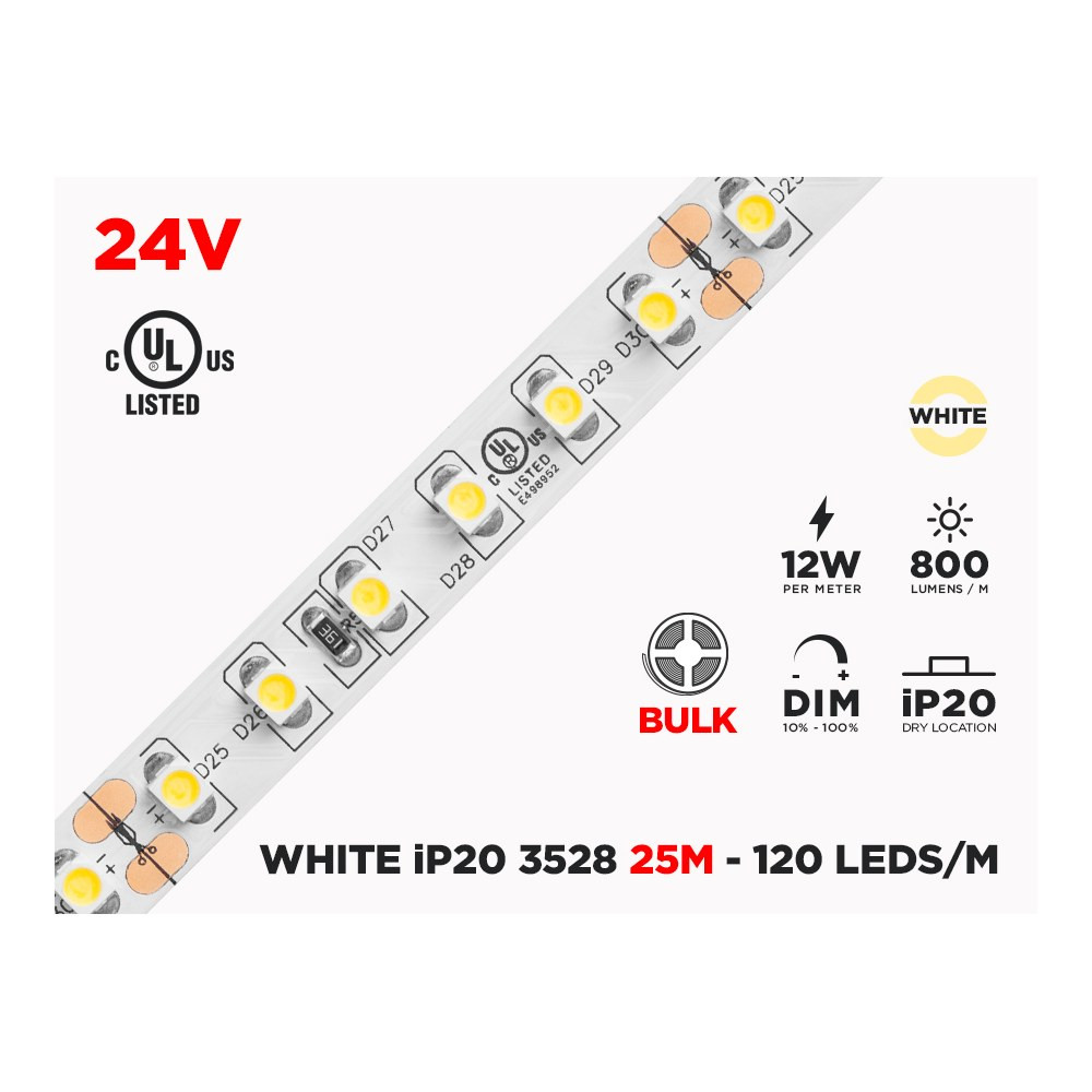 24V 25M IP20 3528 WHITE LED STRIP - 120 LEDS/M (STRIP ONLY)