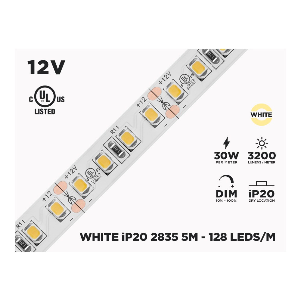 12V 5M IP20 2835 WHITE HIGH OUTPUT LED STRIP - 128 LEDS/M (STRIP ONLY)