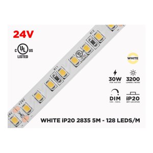 24V 5M IP20 2835 WHITE HIGH OUTPUT LED STRIP - 128 LEDS/M (STRIP ONLY)