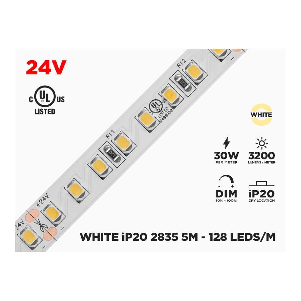 24V 5M IP20 2835 WHITE HIGH OUTPUT LED STRIP - 128 LEDS/M (STRIP ONLY)