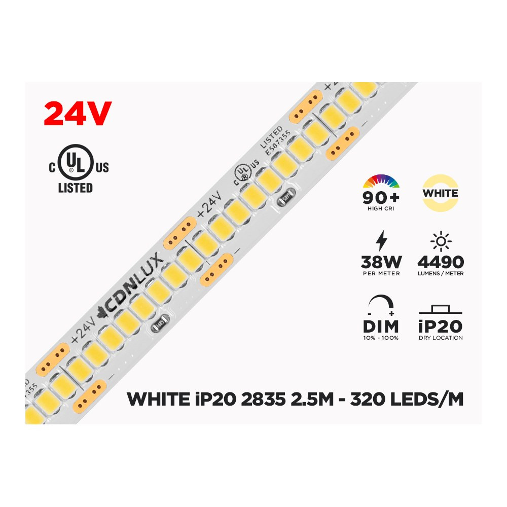 24V 2.5M IP20 2835 WHITE HIGH OUTPUT LED STRIP - 320 LEDS/M (STRIP ONLY)