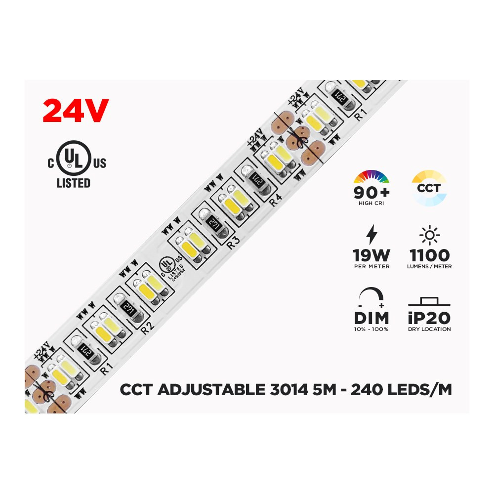 24V 5M IP20 3014 WARM WHITE COOL WHITE ADJUSTABLE LED STRIP - 240 LEDS/M (STRIP ONLY)