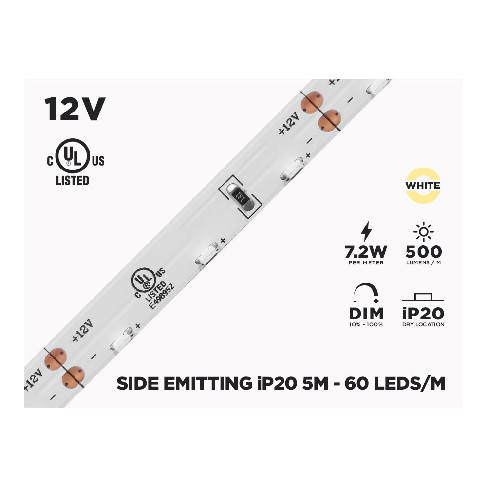 12V 5M IP20 3014 SIDE EMITTING SINGLE COLOR LED STRIP - 60 LEDS/M (STRIP ONLY)