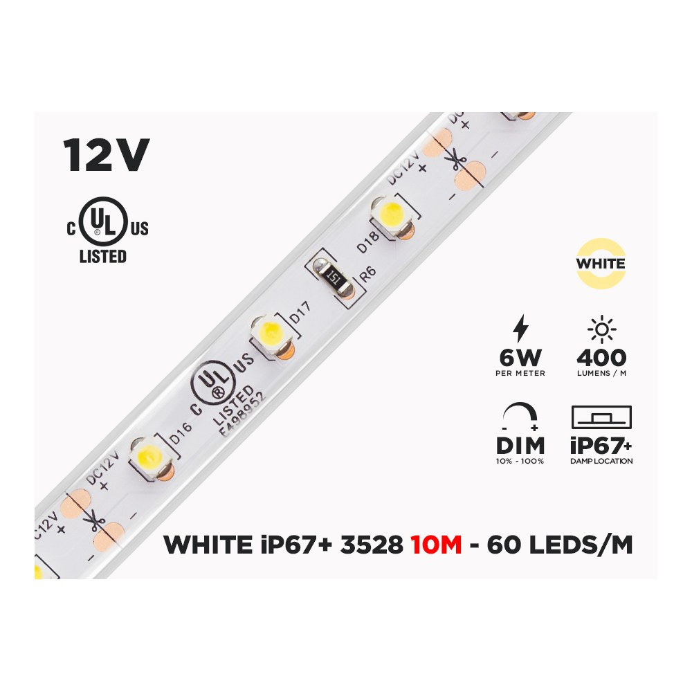 12V CONTINUOUS 10M IP67 3528 WHITE OUTDOOR LED STRIP - 60 LEDS/M (STRIP ONLY)