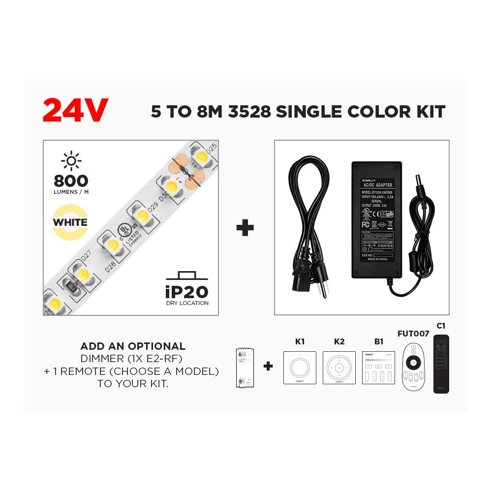 24V 5M IP20 3528 ENSEMBLE DE RUBAN LED UNICOLORE 5M À 8M - 120 LED/M