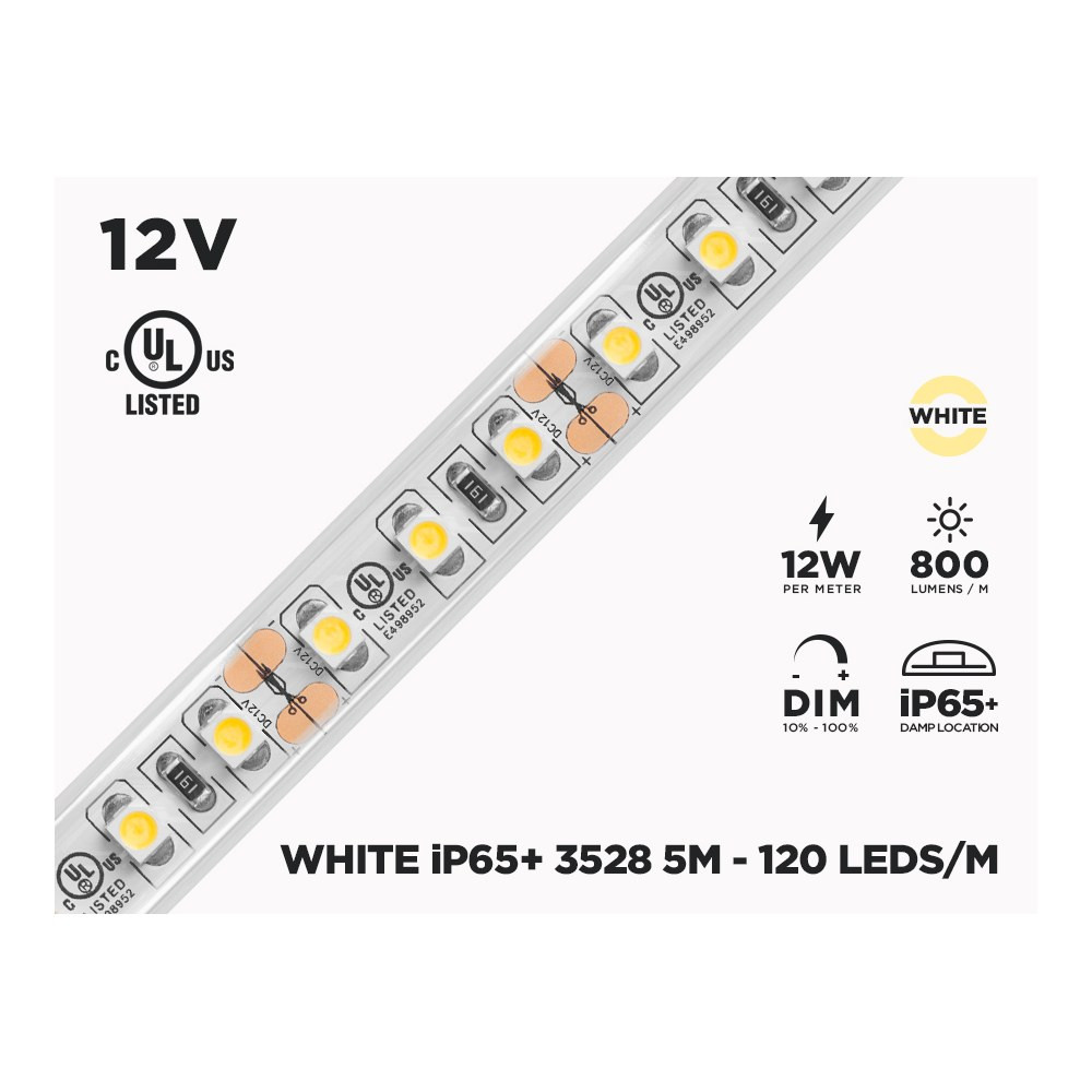 12V 5M IP65+ 3528 WHITE LED STRIP - 120 LEDS/M (STRIP ONLY)