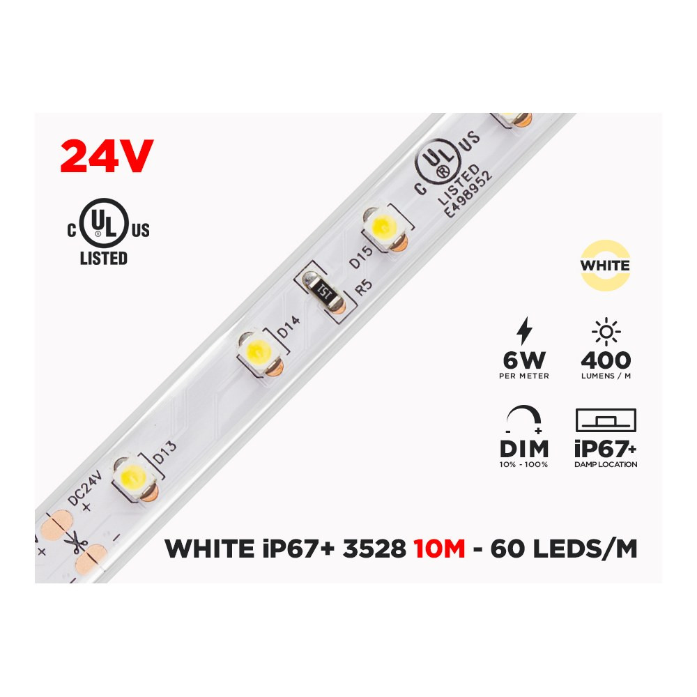 24V 10M IP67 3528 WHITE OUTDOOR LED STRIP - 60 LEDS/M - 10M (STRIP ONLY)