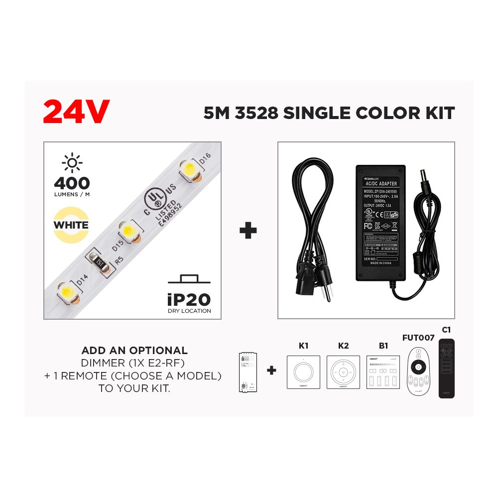 24V IP20 3528 ENSEMBLE DE RUBAN LED UNICOLORE 5M - 60 LED/M