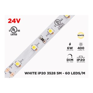 24V 5M IP20 3528 WHITE LED STRIP - 60 LEDS/M (STRIP ONLY)