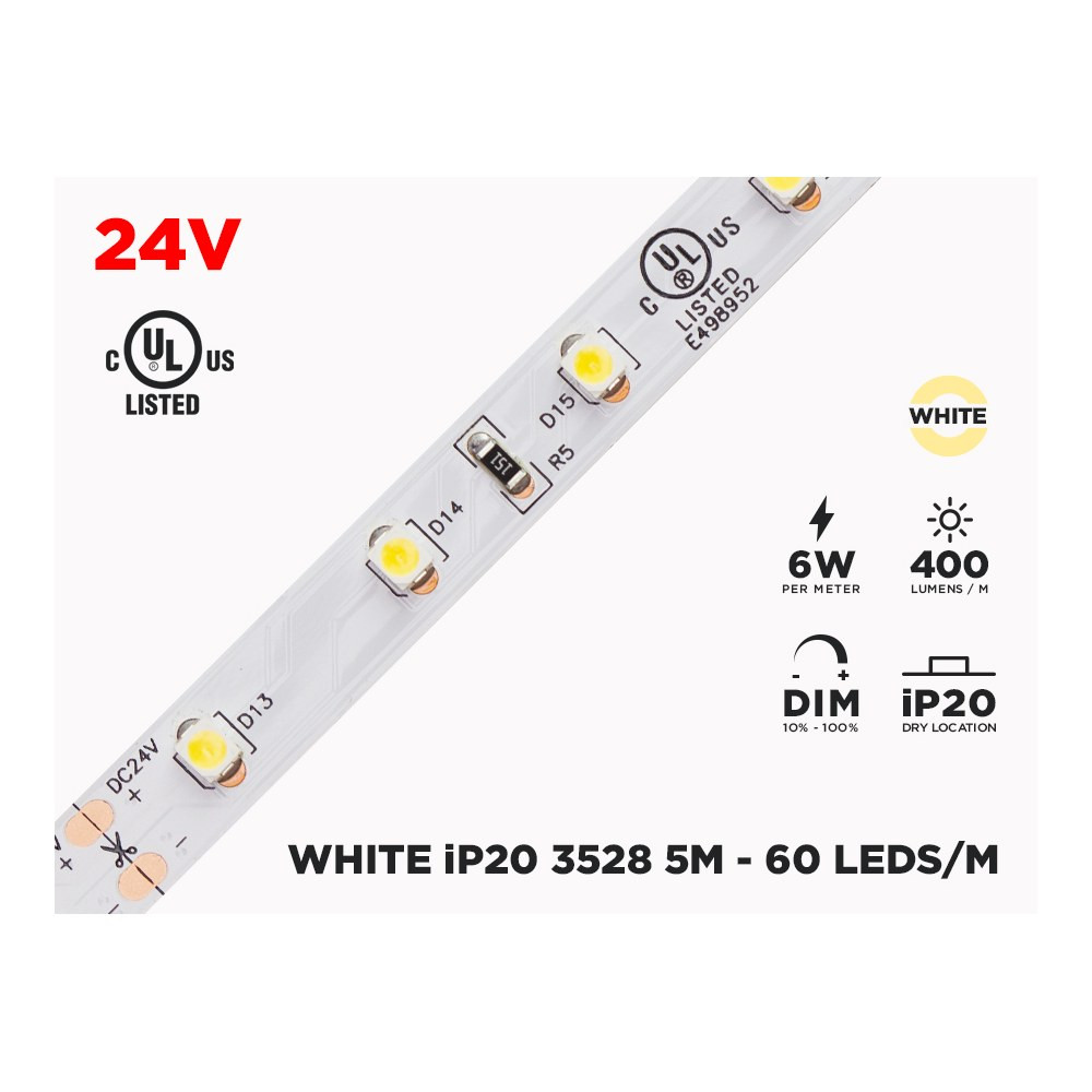 24V 5M IP20 3528 WHITE LED STRIP - 60 LEDS/M (STRIP ONLY)