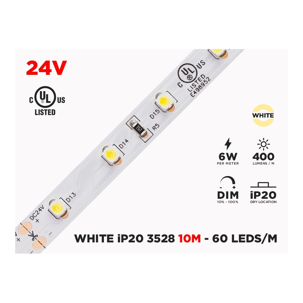 24V 10M IP20 3528 WHITE LED STRIP - 60 LEDS/M (STRIP ONLY)