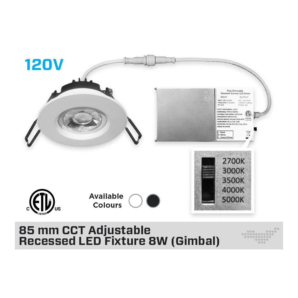 85MM CCT ADJUSTABLE RECESSED LED FIXTURE 8W (GIMBAL)