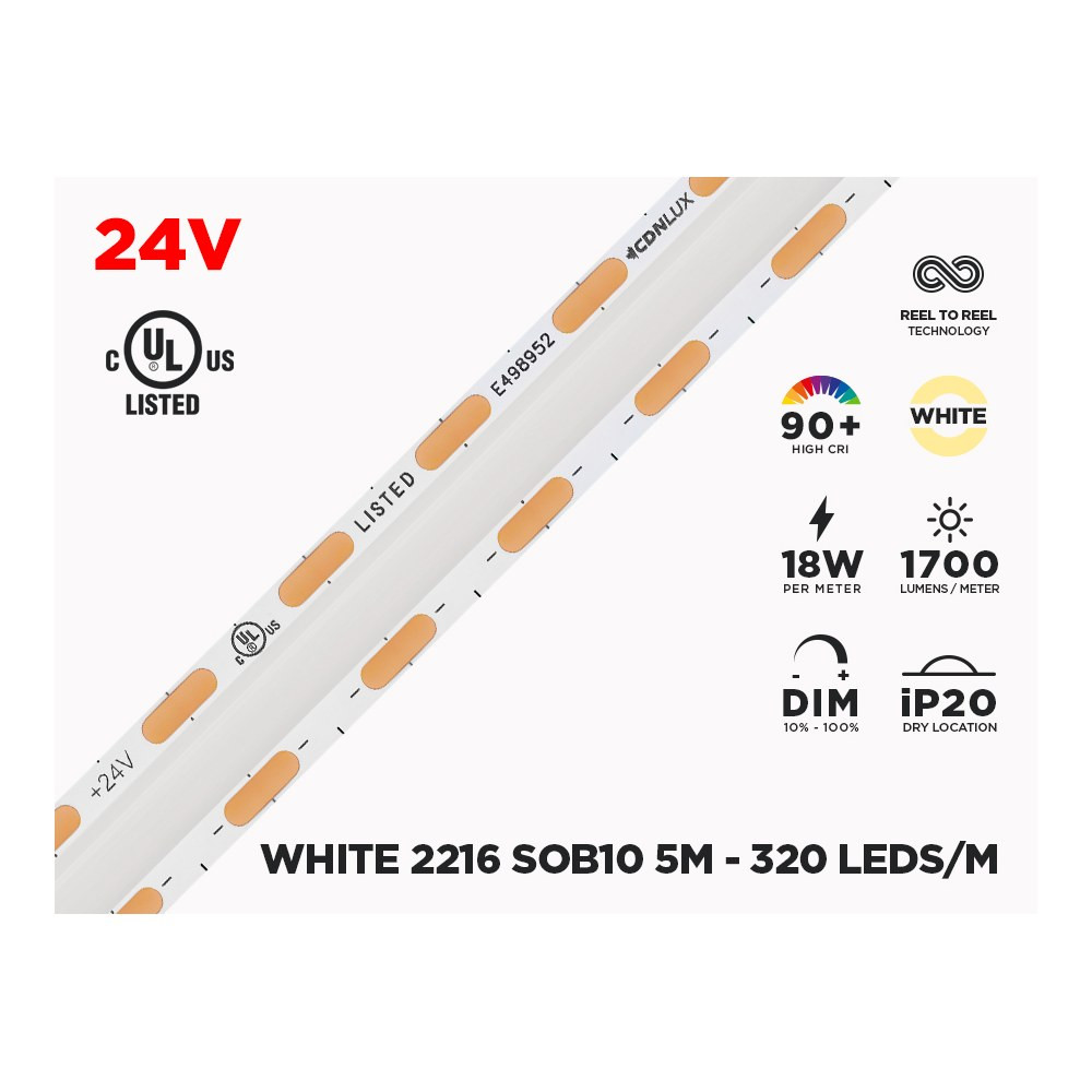 SOB10 - 24V 5M IP20 2216-SOB SINGLE COLOR LED STRIP - 320 LEDS/M (STRIP ONLY)