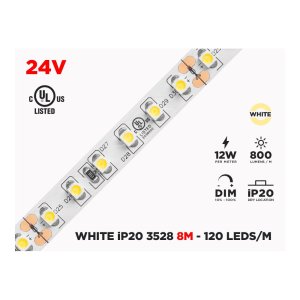 24V 8M IP20 3528 WHITE LED STRIP - 120 LEDS/M (STRIP ONLY)