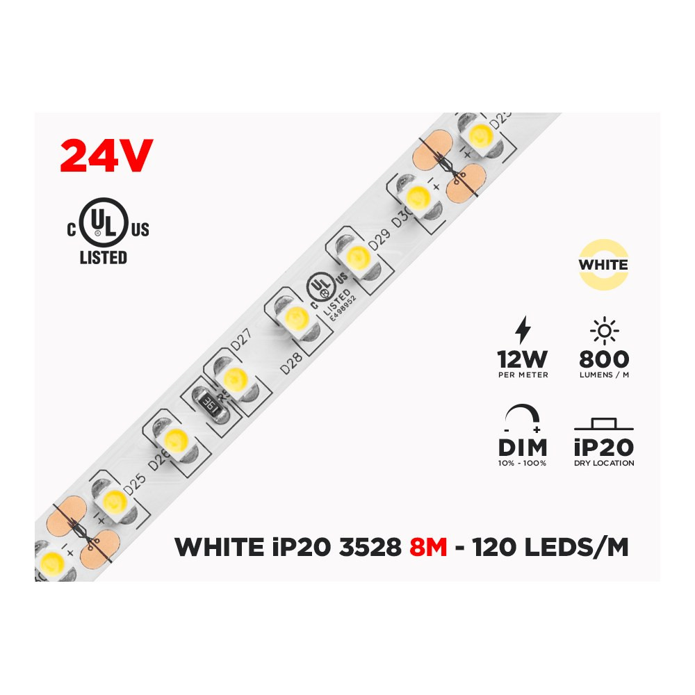 24V 8M IP20 3528 WHITE LED STRIP - 120 LEDS/M (STRIP ONLY)