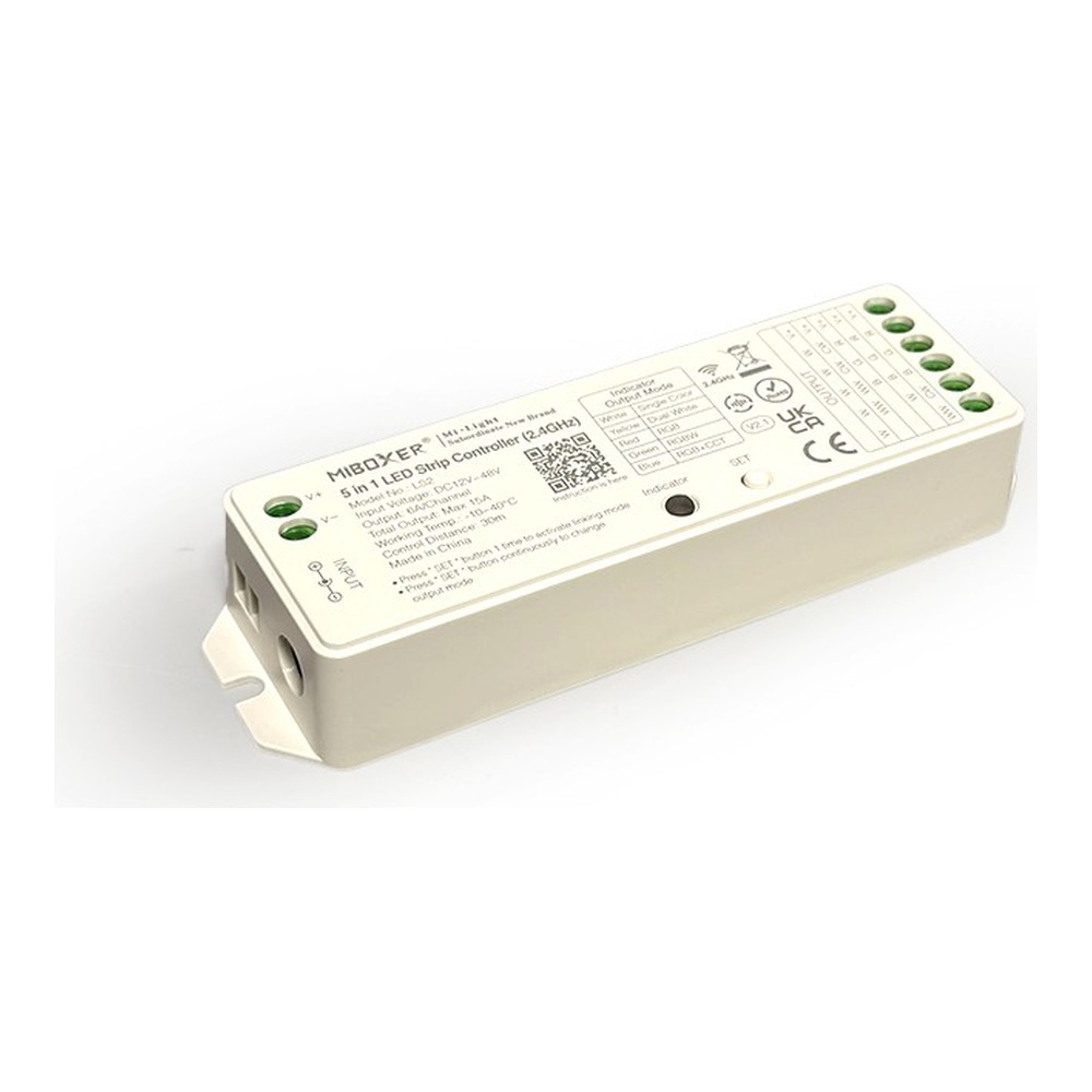 RF2.4GHZ SINGLE COLOR 3CCT RGB|RGBW|RGBCW 5 IN 1 CONTROLLER LOW VOLTAGE 6A/ CHANNEL TOTAL OUTPUT 15A