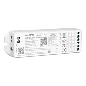 WIFI AND RF2.4GHZ SINGLE COLOR 3CCT RGB|RGBW|RGBCW 5 IN 1 CONTROLLER LOW VOLTAGE 6A/ CHANNEL TOTAL OUTPUT 15A RF2.4GHZ
