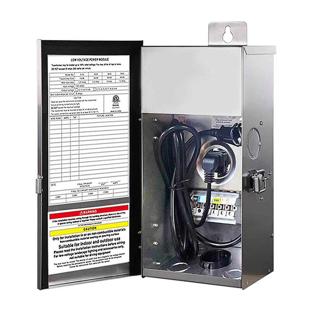 LED OUTDOOR LIGHT TRANSFORMER - 120V AC 60HZ INPUT - 12V OR 14V AC OUTPUT - 300W - IRON HOUSING - HIGH TEMPERATURE ALUMINUM CORE - BUILT-IN PHOTOCELL AND TIMER - 222*156*103MM