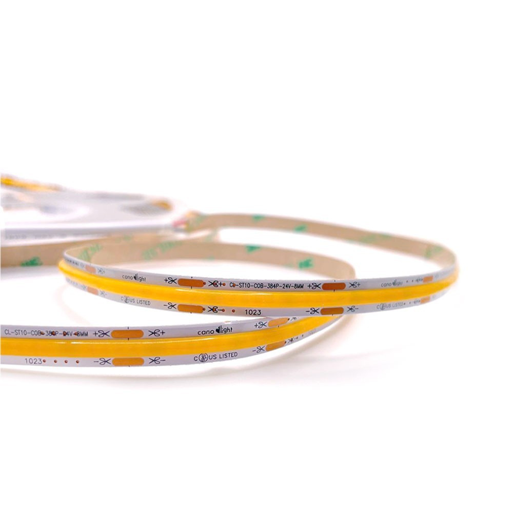 Long Run COB Strip Lights 8mm PCB Width 384LED/m - 8W/m  -24V DC - 640 lm/m - 10m/Roll - IP20 3000K  -3 years warranty