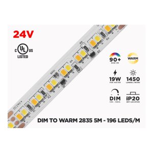 24V 5M IP20 2835 WHITE DIM TO WARM LED STRIP - 196 LEDS/M (STRIP ONLY)