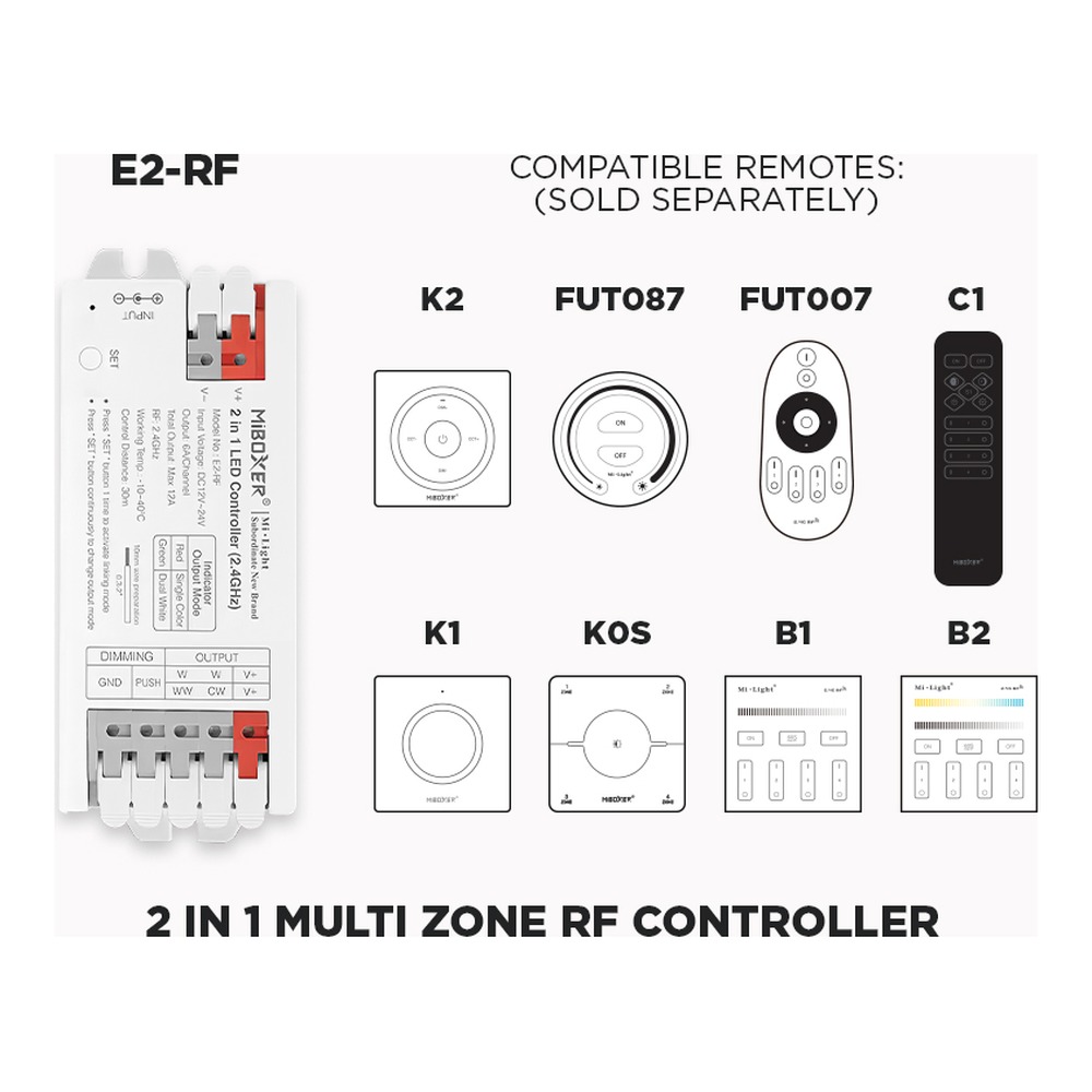 E2-RF 2 IN 1 RF LED CONTROLLER (SINGLE COLOR AND CCT ADJUSTABLE WHITE) 1 TO 8 ZONES SELF REPEATING