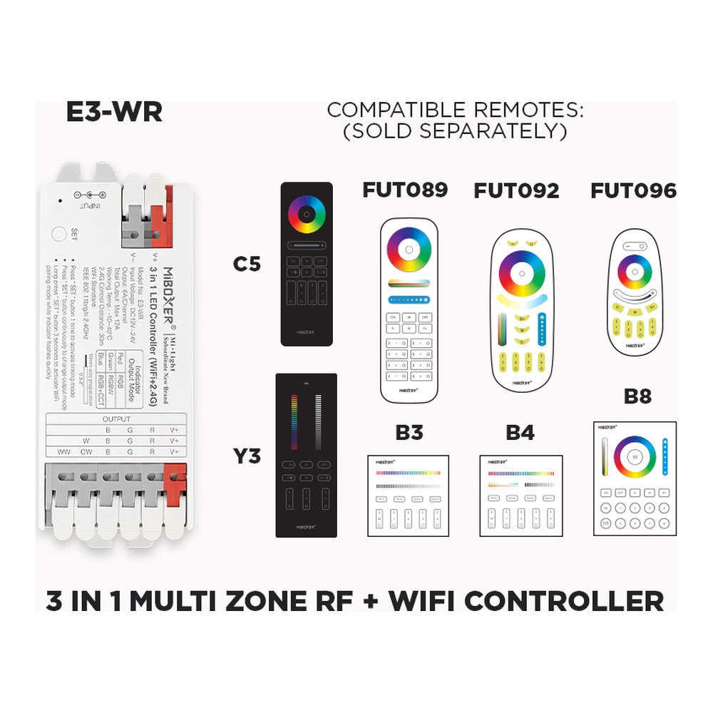 E3-WR 3 IN 1 RF + WIFI LED CONTROLLER (RGB - RGB+W - RGB+CCT) 1 TO 8 ZONES SELF REPEATING