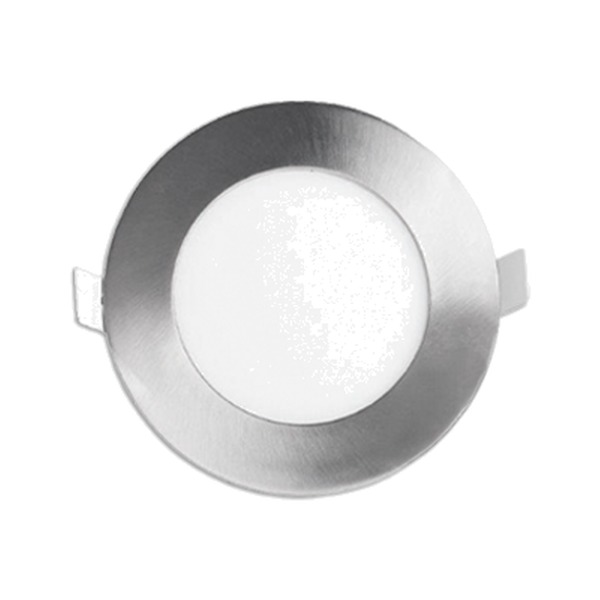 FLP4-10W-30K - ROUND - LED 10W - 750 LUMENS. BEAM ANGLES 110°. 47/8 DIAM. X 7/8 H. HOLE TO DRILL OF 41/4 OR 41/8. MOUNTING FRAME PF-414 OR PF-418 OPTIONAL - BRUSHED STEEL