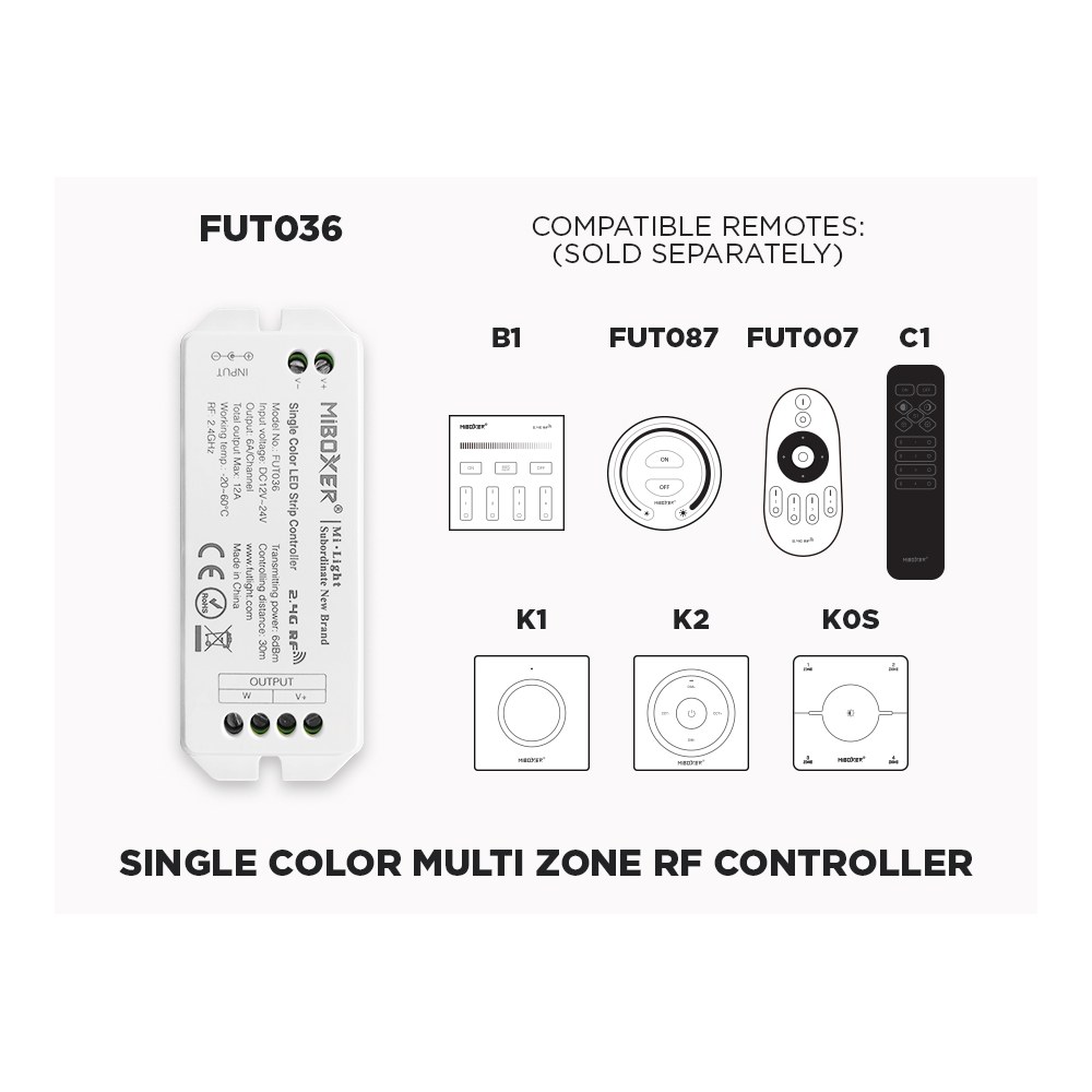 FUT036 1 TO 4 ZONES SELF REPEATING RF SINGLE COLOR LED CONTROLLER