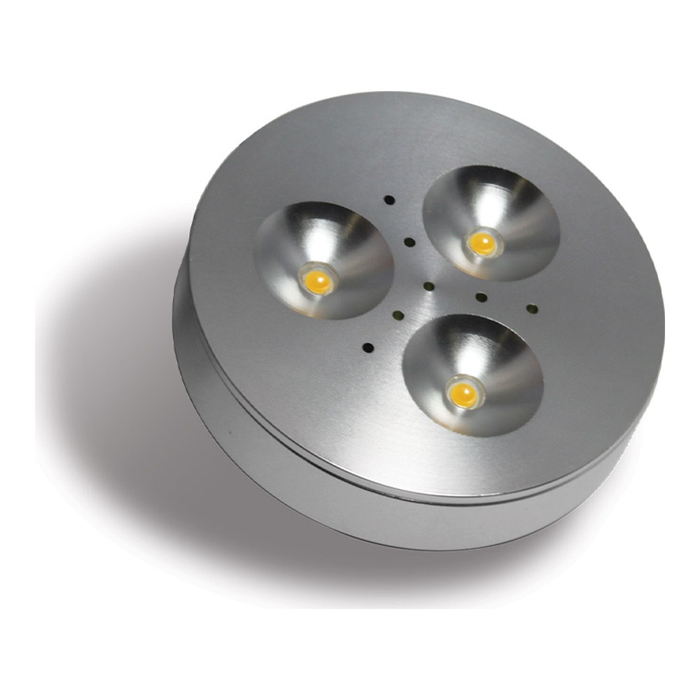 RD15 LED PUCK LIGHT 12V DC 3W - SURFACE/RECESSED MOUNT - BRUSHED CHROME - WARM WHITE 3000K