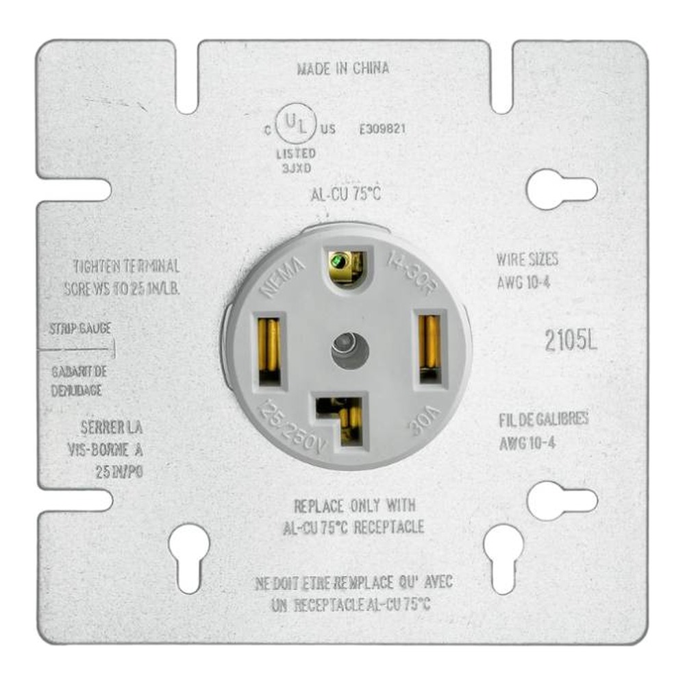 30 AMP OUTLET | 125-250V | 3 POLE 4-WIRE GROUND | NEMA 14-30R | WHITE | V2