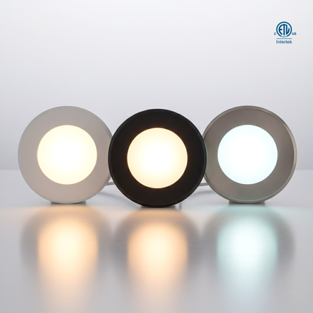 LED PUCK LIGHT 3W - 240LUMENS - CRI 90+ - 12V DC - DIMMABLE - BLACK TRIM. FOR INDOOR USE ONLY. 3CCT-SELECTABLE.