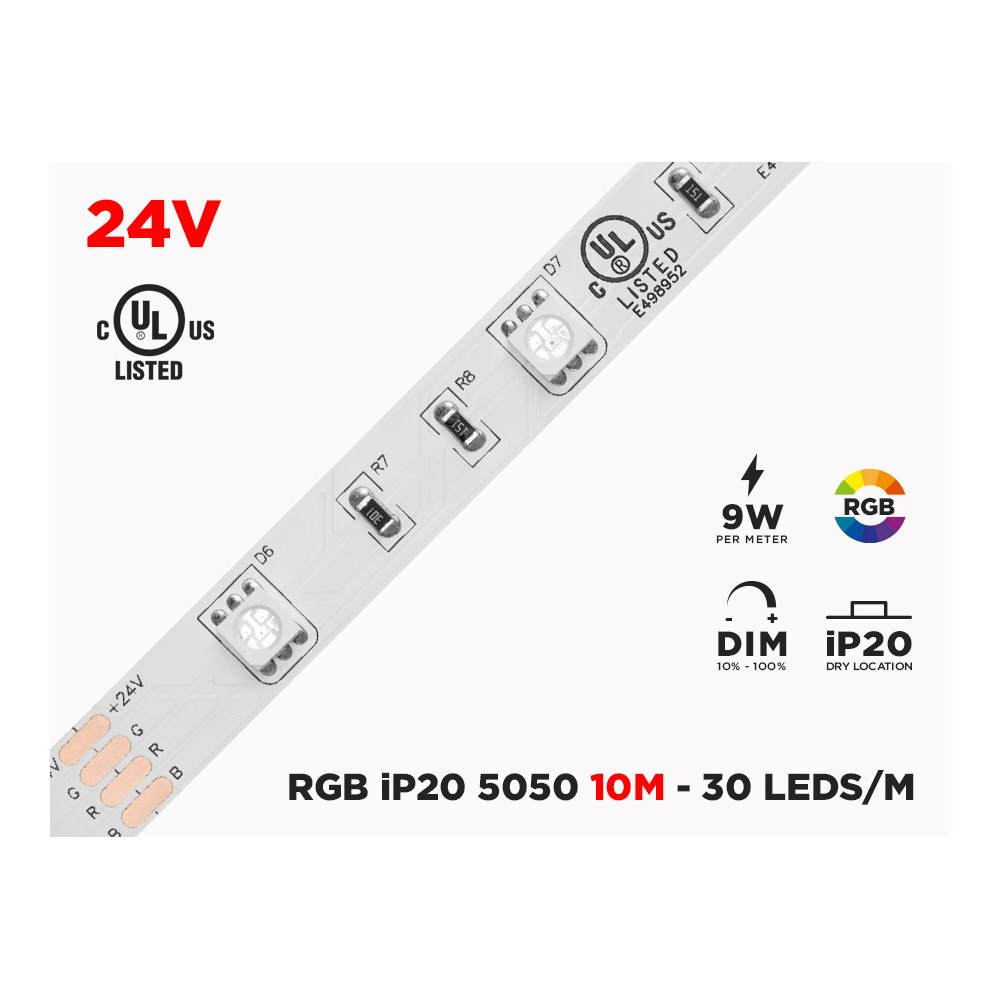 24V 10M IP20 RGB 5050 HIGH OUTPUT LED STRIP - 30 LEDS/M (STRIP ONLY)