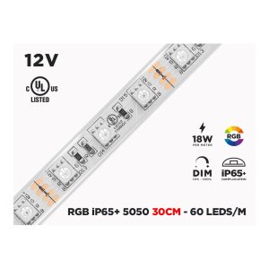 12V 30CM IP65+ RGB 5050 HIGH OUTPUT LED STRIP - 60 LEDS/M (STRIP ONLY)