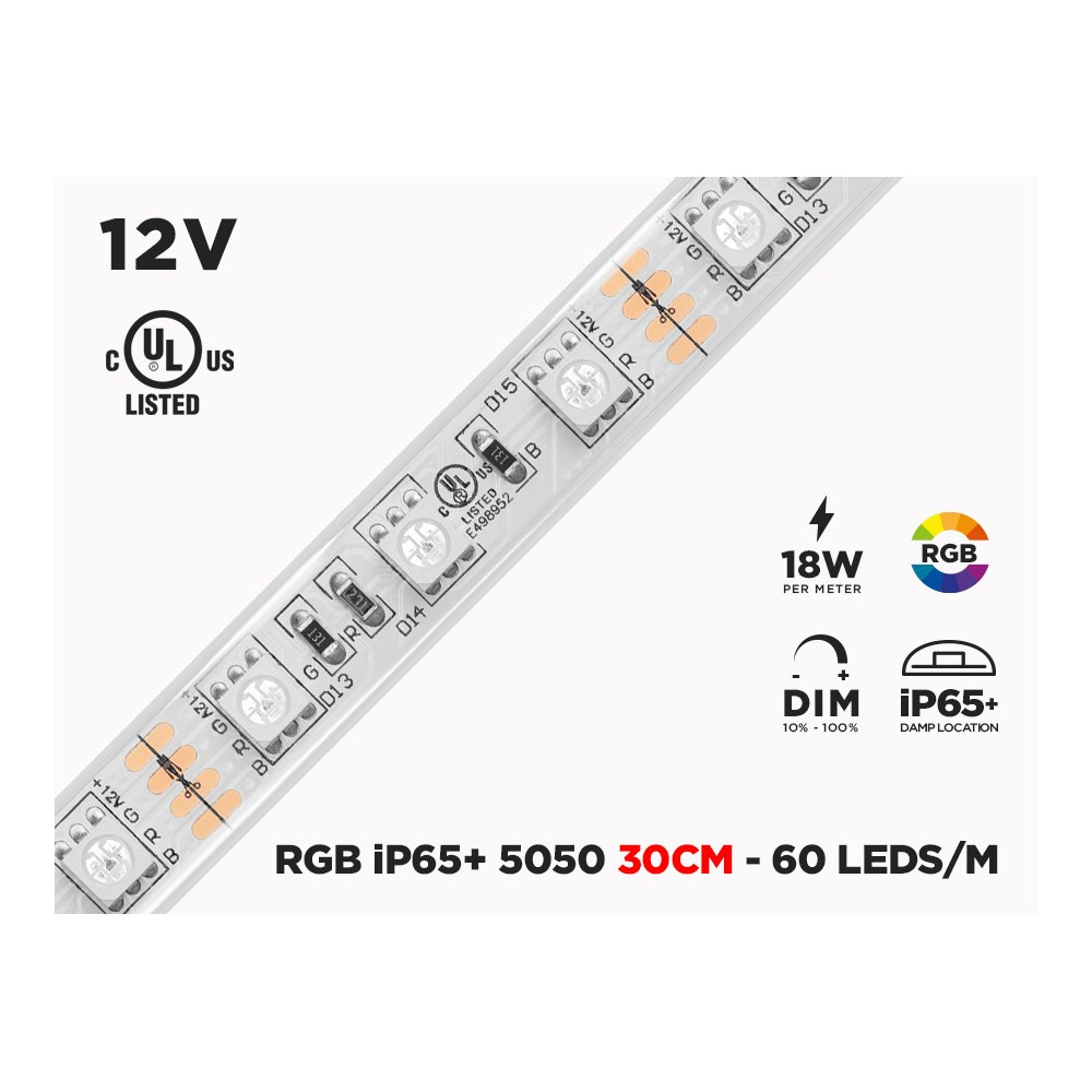 12V 30CM IP65+ RGB 5050 HIGH OUTPUT LED STRIP - 60 LEDS/M (STRIP ONLY)