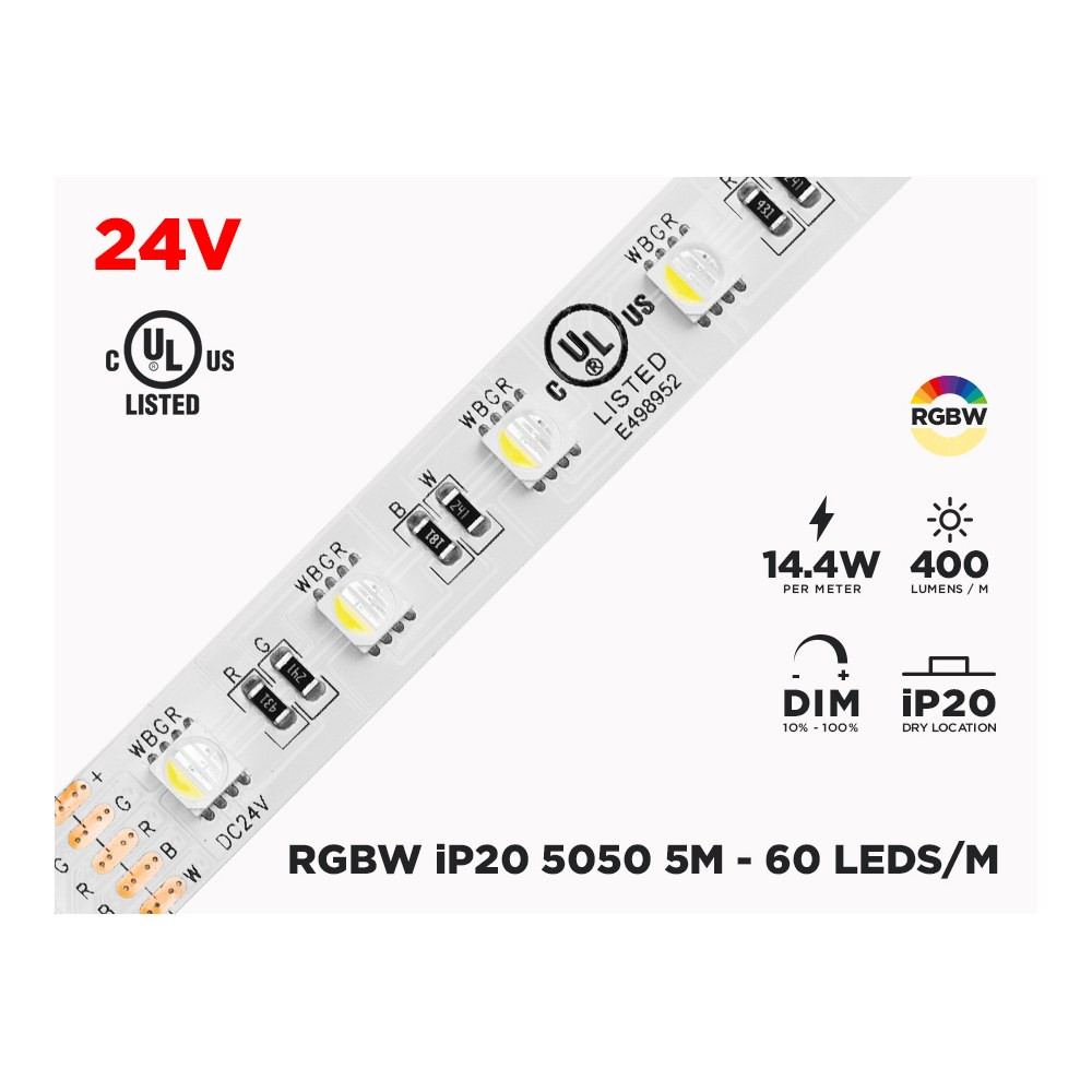 24V 5M IP20 RGB+W 5050 LED STRIP - 60 LEDS/M (STRIP ONLY)