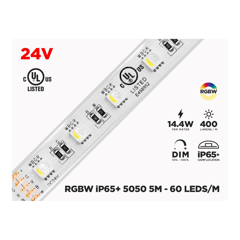 24V 5M IP65+ RGB+W 5050 LED STRIP - 60 LEDS/M (STRIP ONLY)