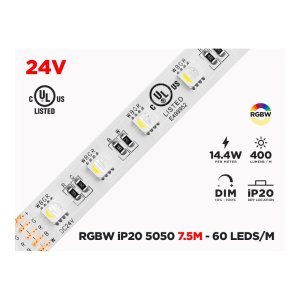 24V 7.5M IP20 RGB+W 5050 LED STRIP - 60 LEDS/M (STRIP ONLY)