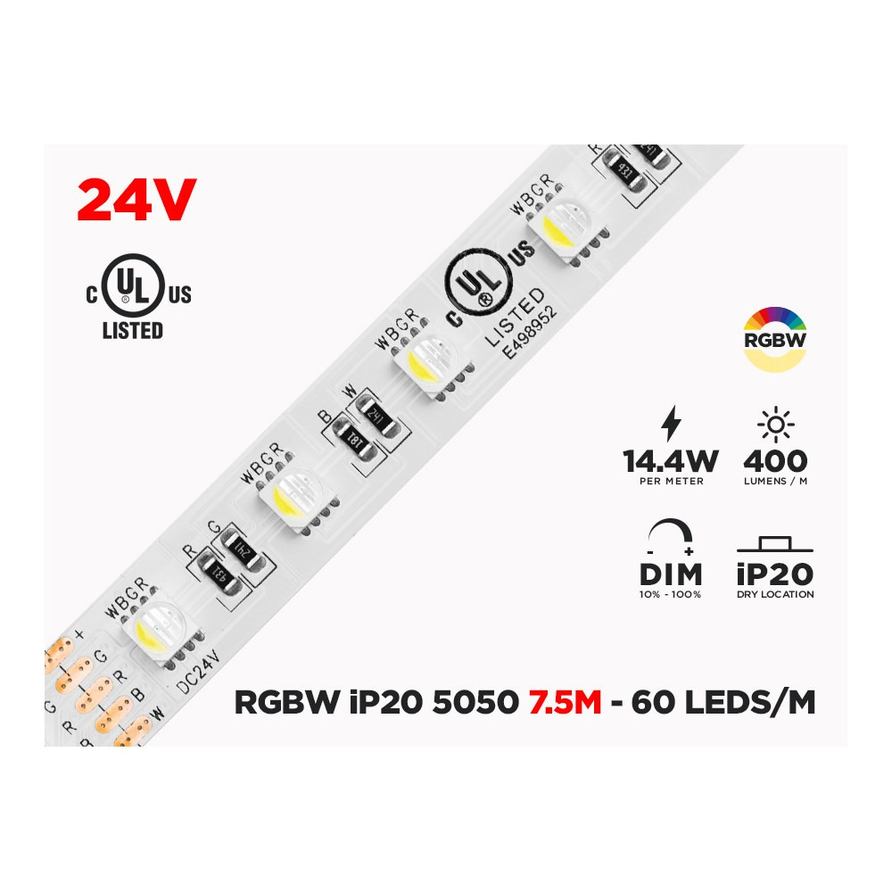 24V 7.5M IP20 RGB+W 5050 LED STRIP - 60 LEDS/M (STRIP ONLY)