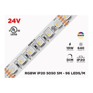 24V 5M IP20 RGB+W 5050 LED STRIP - 96 LEDS/M (STRIP ONLY)