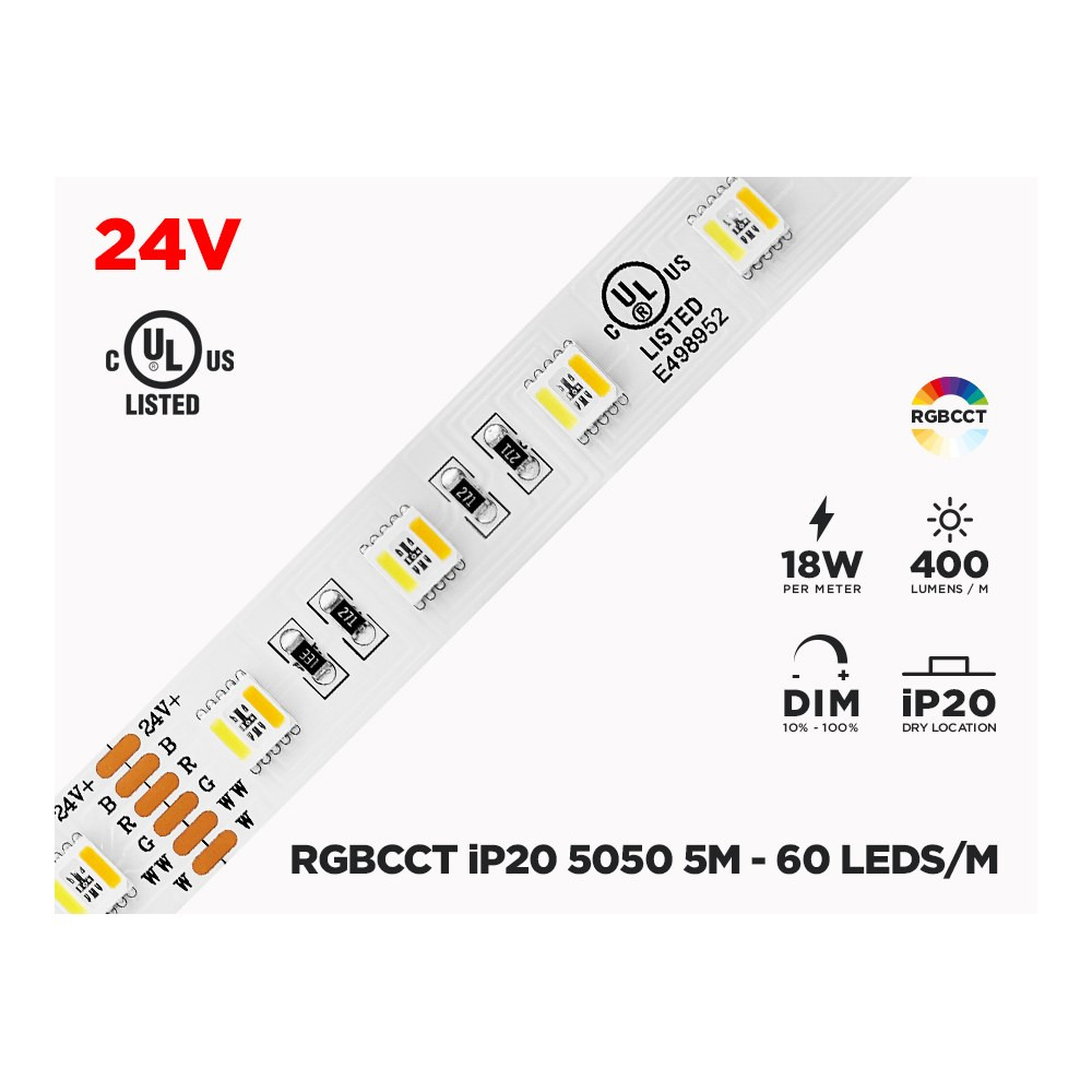 24V 5M IP20 RGB+W CCT 5050 LED STRIP - 60 LEDS/M (STRIP ONLY)