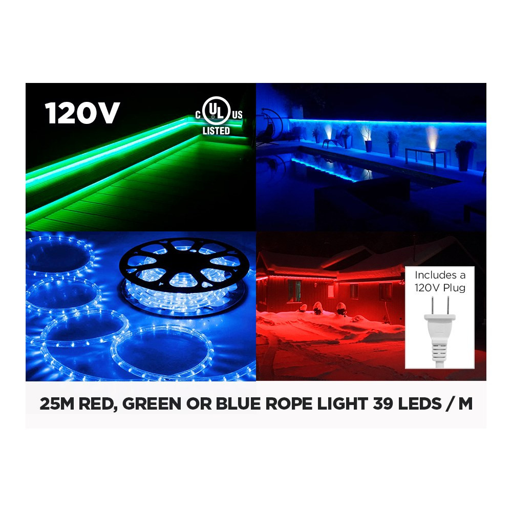 120V 25M SINGLE COLOR LED ROPE LIGHT IP65 - 39 LEDS/M