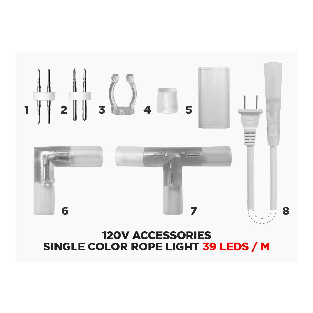 120V LED ROPE LIGHT ACCESSORIES AND CONNECTORS - 39 LEDS/M